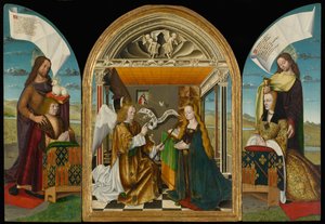 与圣徒和捐赠者一起报喜，称为The Latour dAuvergne Triptych，c.1497（面板上的蛋彩画和油画） 作者 拉图尔·杜弗涅三联画大师拉图尔·杜弗涅三联画大师
